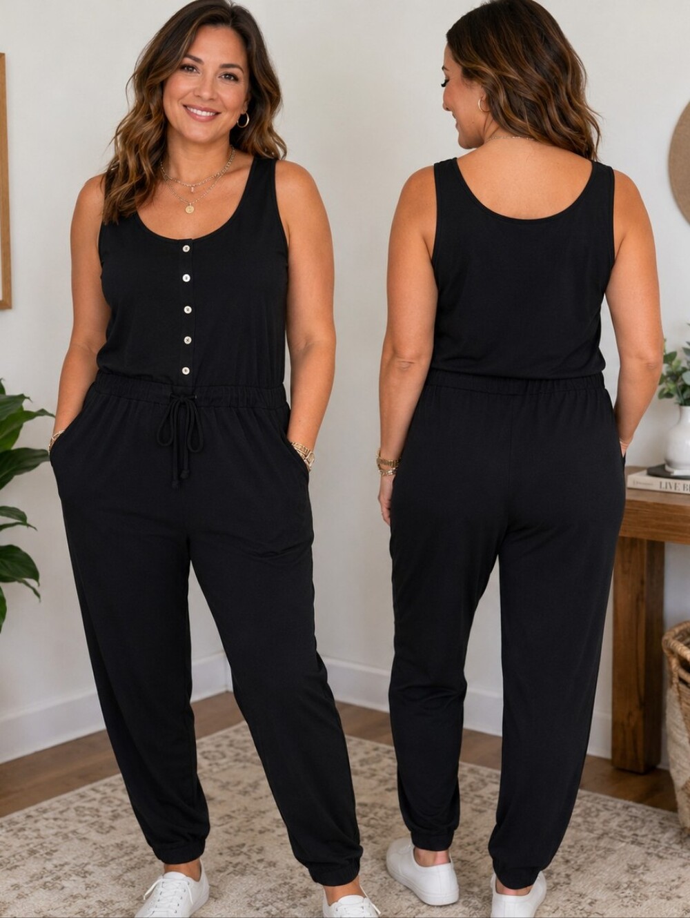 Maurices Black Sleeveless Jumpsuit Size L Button Front Drawstring Waist Contempo